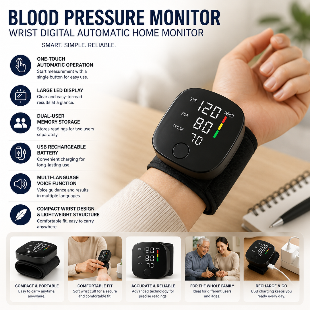 Digital Wrist Blood Pressure Monitor – Automatic Home Monitor with LED Display