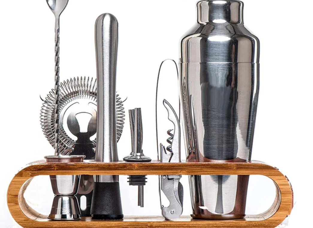 Stainless Steel Cocktail Shaker Set With Bamboo Stand