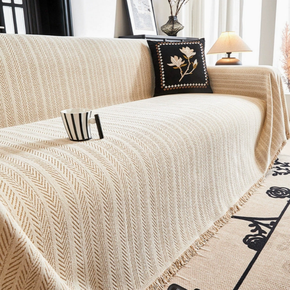 Herringbone Chenille Sofa Cover with Tassels
