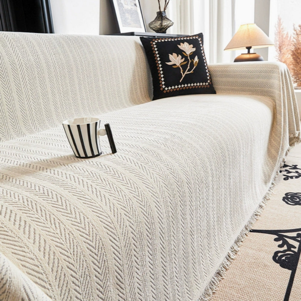 Herringbone Chenille Sofa Cover with Tassels