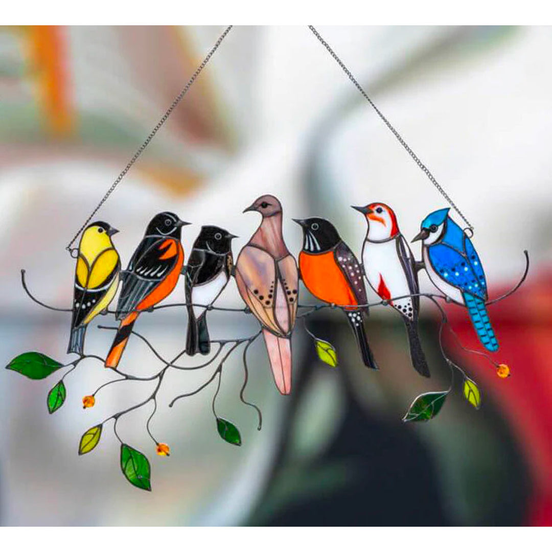 Stained Glass Hanging Bird Art with Colorful Spring Birds Suncatcher Design Motif